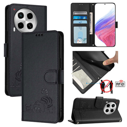 Tecno Camon 30 5G Cat and Rat Embossed Pattern, RFID Leather Phone Case with Lanyard, Kickstand, and Wallet Features