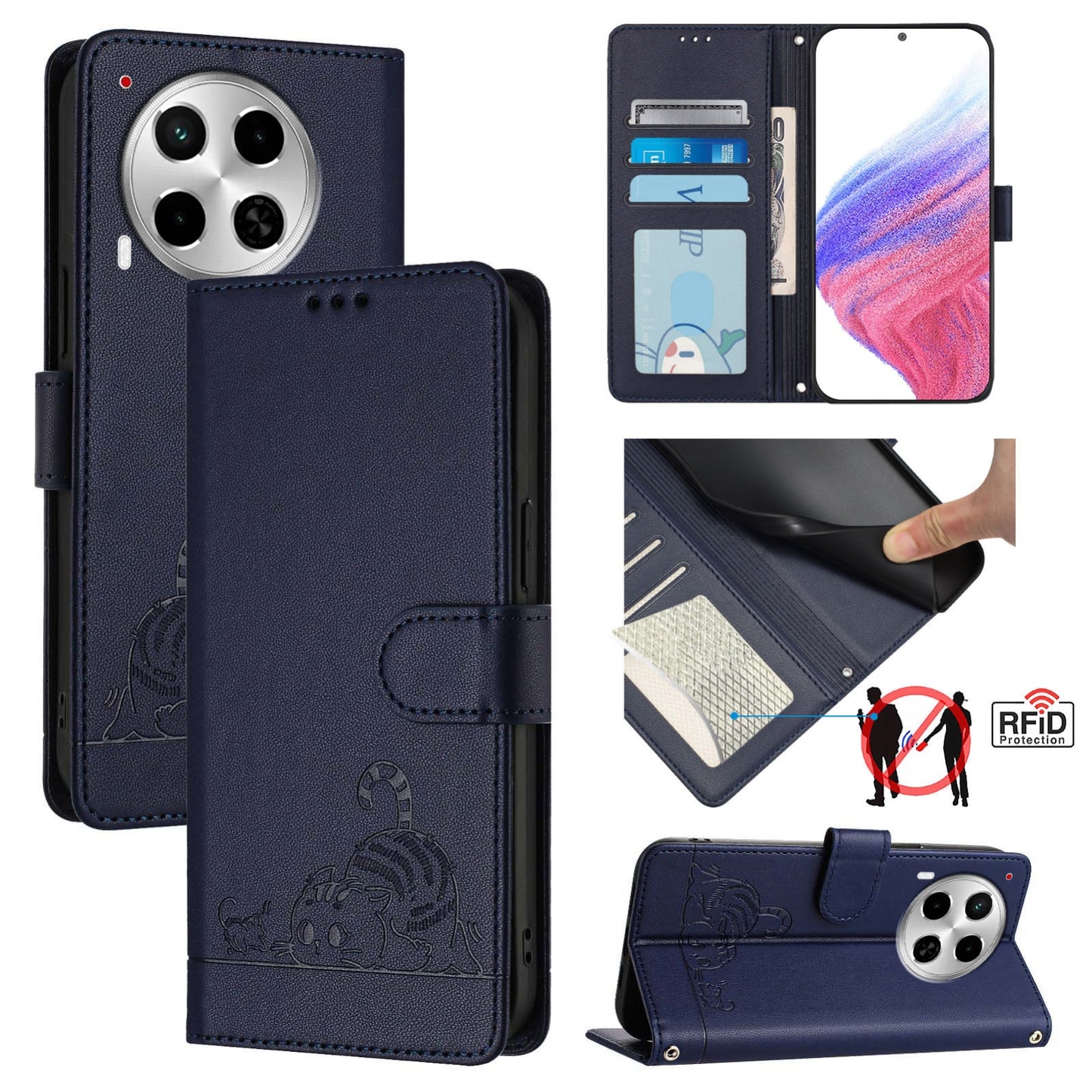 Tecno Camon 30 5G Cat and Rat Embossed Pattern, RFID Leather Phone Case with Lanyard, Kickstand, and Wallet Features