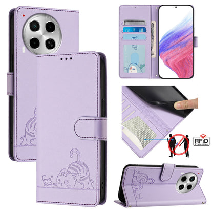 Tecno Camon 30 5G Cat and Rat Embossed Pattern, RFID Leather Phone Case with Lanyard, Kickstand, and Wallet Features