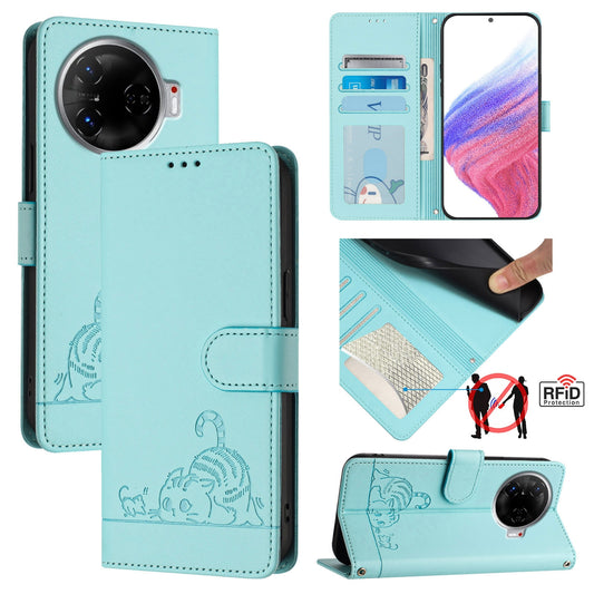 Tecno Camon 30 Pro 5G Cat and Rat Embossed Pattern, RFID Leather Phone Case with Lanyard, Kickstand, and Wallet Features