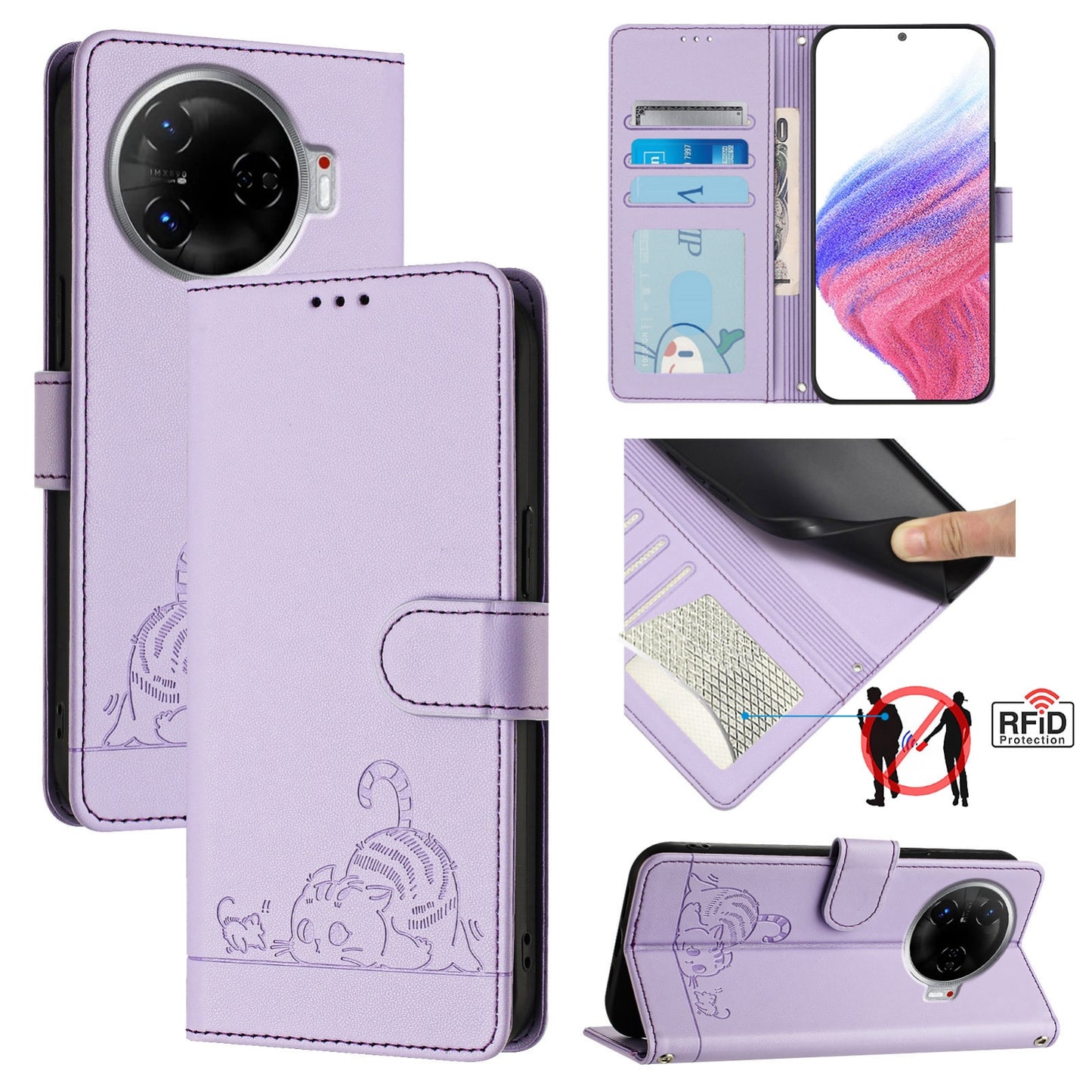 Tecno Camon 30 Pro 5G Cat and Rat Embossed Pattern, RFID Leather Phone Case with Lanyard, Kickstand, and Wallet Features