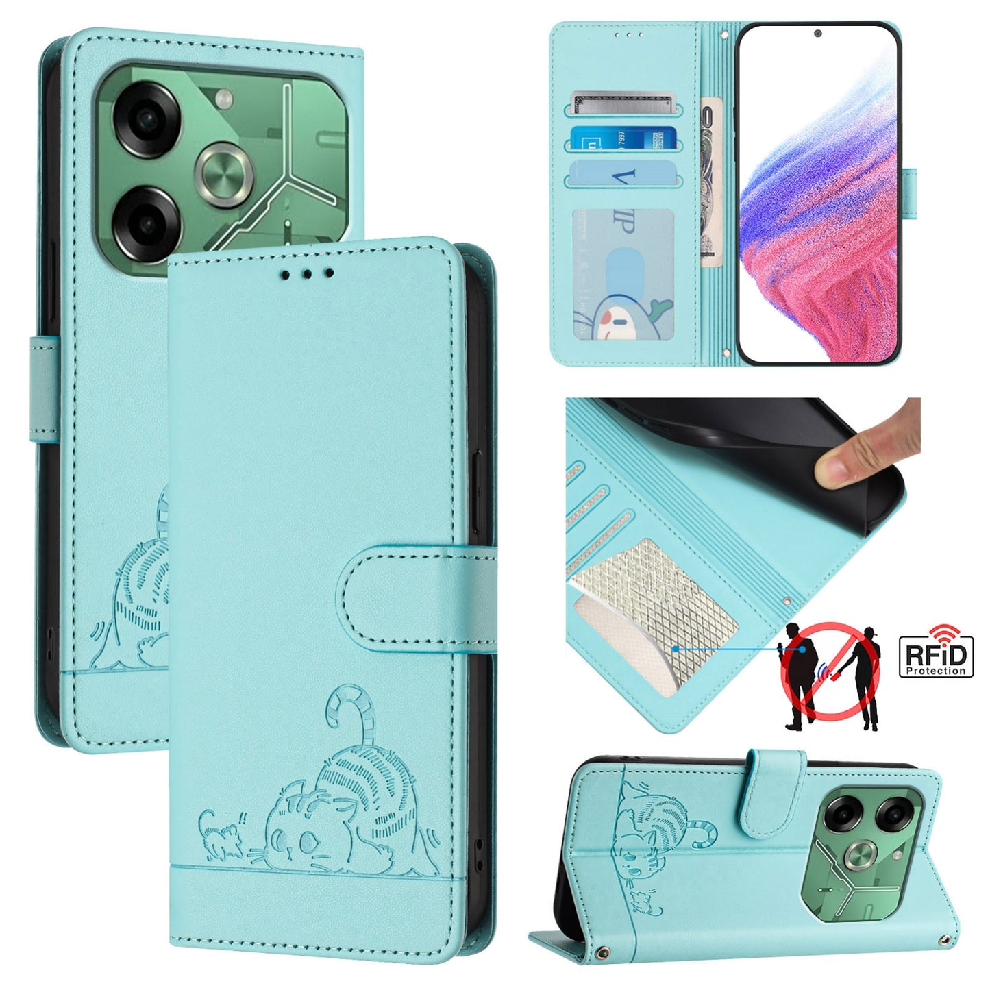 Tecno Pova 6 4G Cat and Rat Embossed Pattern, RFID Leather Phone Case with Lanyard, Kickstand, and Wallet Features