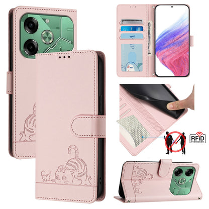 Tecno Pova 6 4G Cat and Rat Embossed Pattern, RFID Leather Phone Case with Lanyard, Kickstand, and Wallet Features