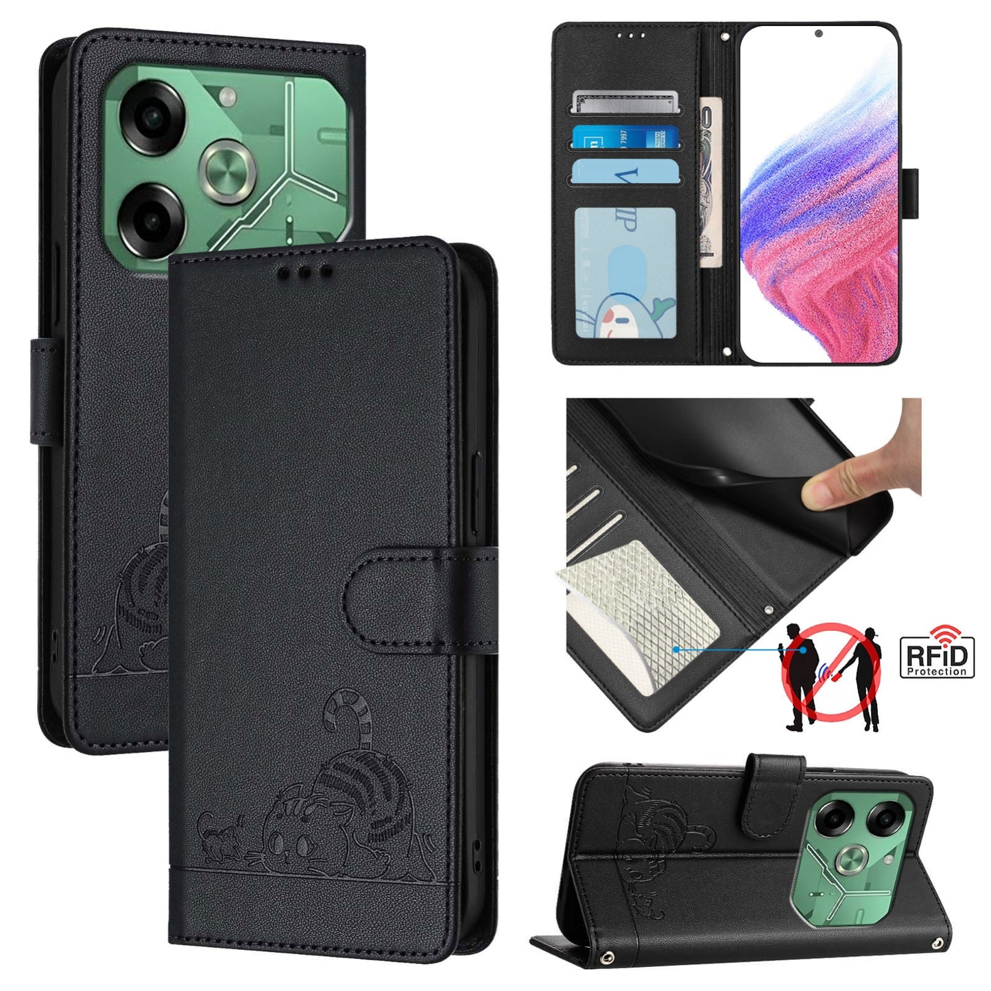 Tecno Pova 6 4G Cat and Rat Embossed Pattern, RFID Leather Phone Case with Lanyard, Kickstand, and Wallet Features