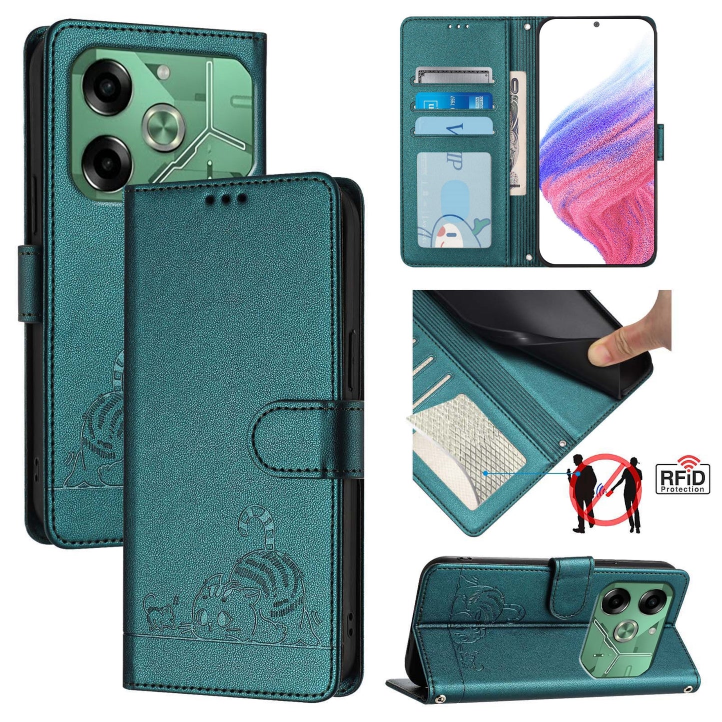 Tecno Pova 6 4G Cat and Rat Embossed Pattern, RFID Leather Phone Case with Lanyard, Kickstand, and Wallet Features