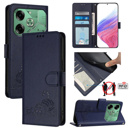 Tecno Pova 6 4G Cat and Rat Embossed Pattern, RFID Leather Phone Case with Lanyard, Kickstand, and Wallet Features