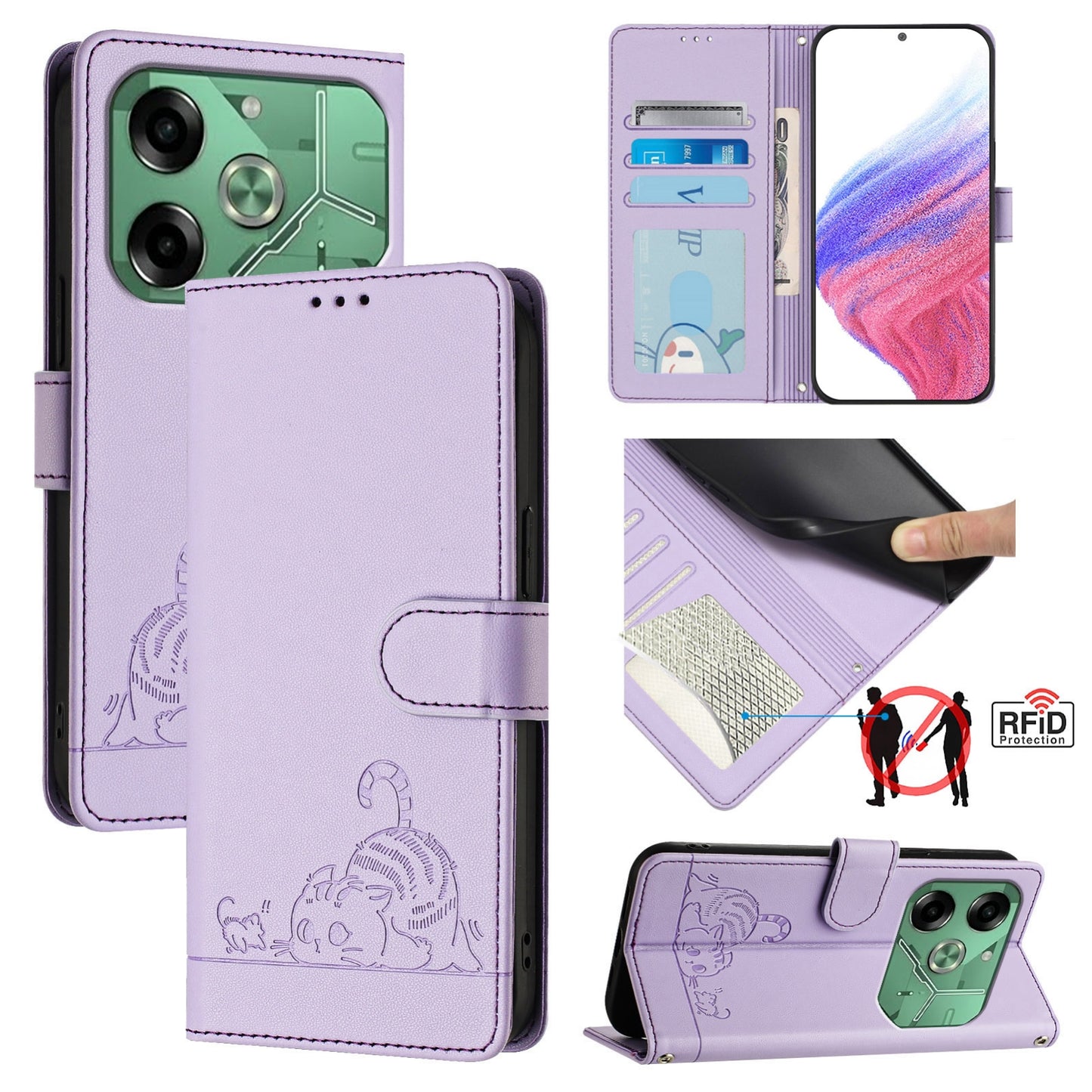 Tecno Pova 6 4G Cat and Rat Embossed Pattern, RFID Leather Phone Case with Lanyard, Kickstand, and Wallet Features