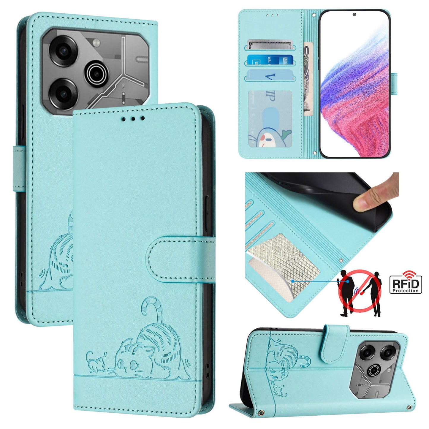 Tecno Pova 6 Neo Cat and Rat Embossed Pattern, RFID Leather Phone Case with Lanyard, Kickstand, and Wallet Features