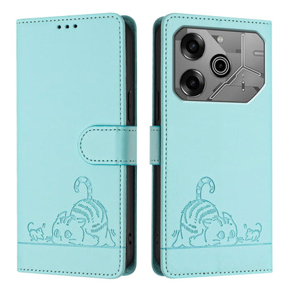 Tecno Pova 6 Neo Cat and Rat Embossed Pattern, RFID Leather Phone Case with Lanyard, Kickstand, and Wallet Features