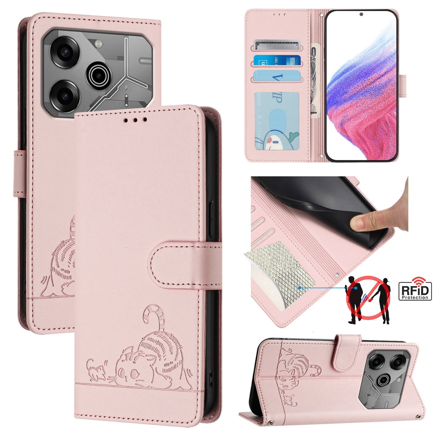 Tecno Pova 6 Neo Cat and Rat Embossed Pattern, RFID Leather Phone Case with Lanyard, Kickstand, and Wallet Features