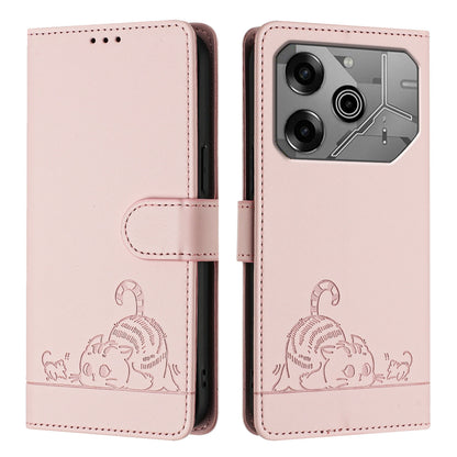 Tecno Pova 6 Neo Cat and Rat Embossed Pattern, RFID Leather Phone Case with Lanyard, Kickstand, and Wallet Features