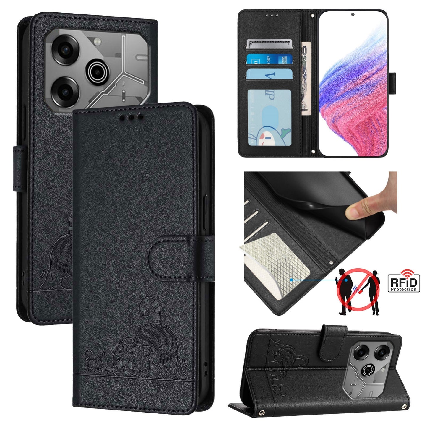 Tecno Pova 6 Neo Cat and Rat Embossed Pattern, RFID Leather Phone Case with Lanyard, Kickstand, and Wallet Features