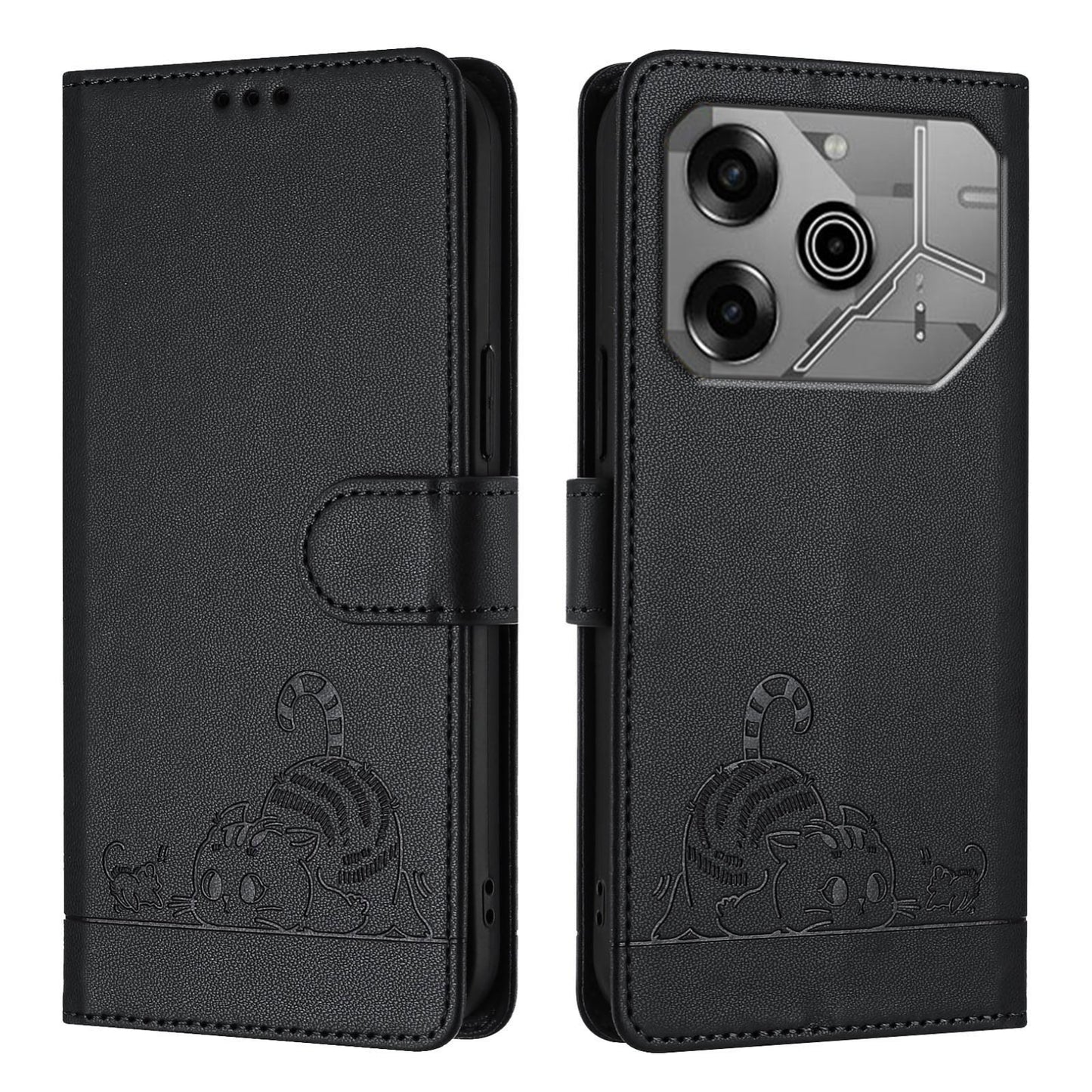 Tecno Pova 6 Neo Cat and Rat Embossed Pattern, RFID Leather Phone Case with Lanyard, Kickstand, and Wallet Features