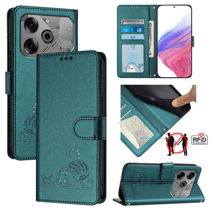 Tecno Pova 6 Neo Cat and Rat Embossed Pattern, RFID Leather Phone Case with Lanyard, Kickstand, and Wallet Features