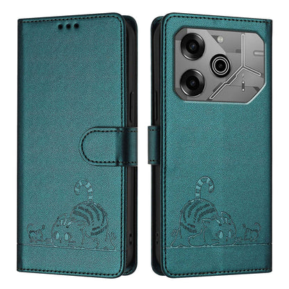 Tecno Pova 6 Neo Cat and Rat Embossed Pattern, RFID Leather Phone Case with Lanyard, Kickstand, and Wallet Features