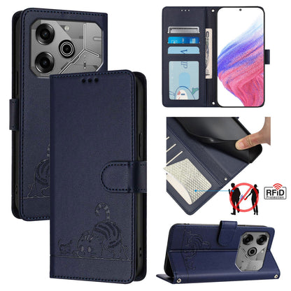 Tecno Pova 6 Neo Cat and Rat Embossed Pattern, RFID Leather Phone Case with Lanyard, Kickstand, and Wallet Features