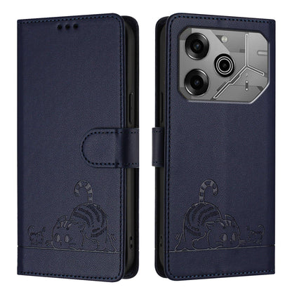 Tecno Pova 6 Neo Cat and Rat Embossed Pattern, RFID Leather Phone Case with Lanyard, Kickstand, and Wallet Features