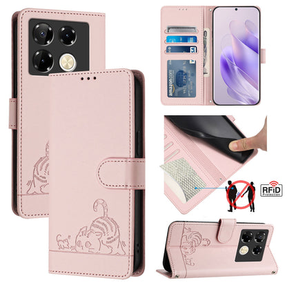 Infinix Note 40 Pro 4G X6850 Cat and Rat Embossed Pattern, RFID Leather Phone Case with Lanyard, Kickstand, and Wallet Features