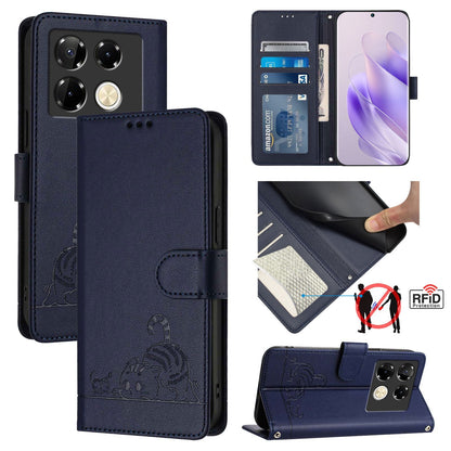 Infinix Note 40 Pro 4G X6850 Cat and Rat Embossed Pattern, RFID Leather Phone Case with Lanyard, Kickstand, and Wallet Features