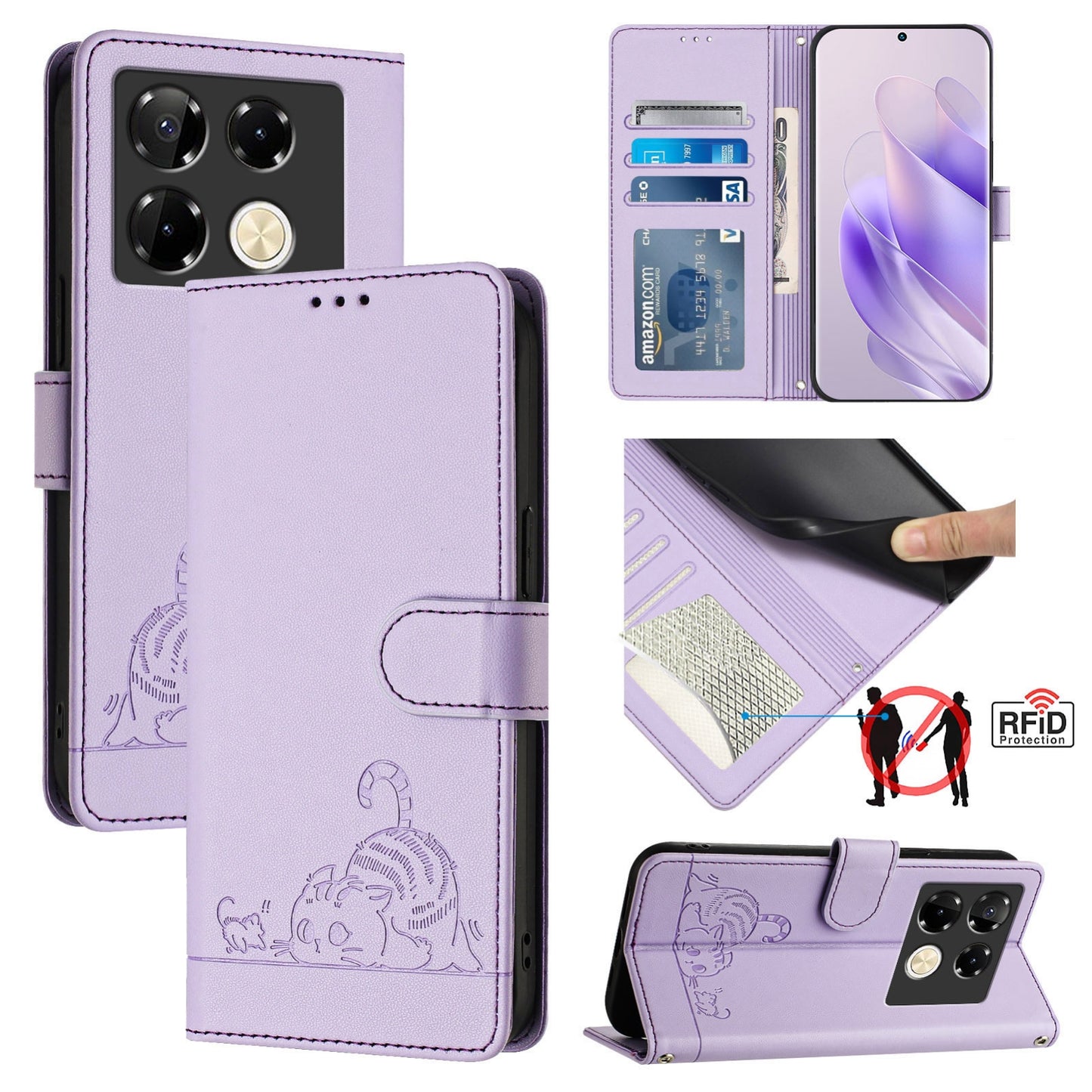 Infinix Note 40 Pro 4G X6850 Cat and Rat Embossed Pattern, RFID Leather Phone Case with Lanyard, Kickstand, and Wallet Features