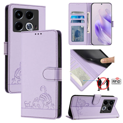 Infinix Note 40 Cat and Rat Embossed Pattern, RFID Leather Phone Case with Lanyard, Kickstand, and Wallet Features