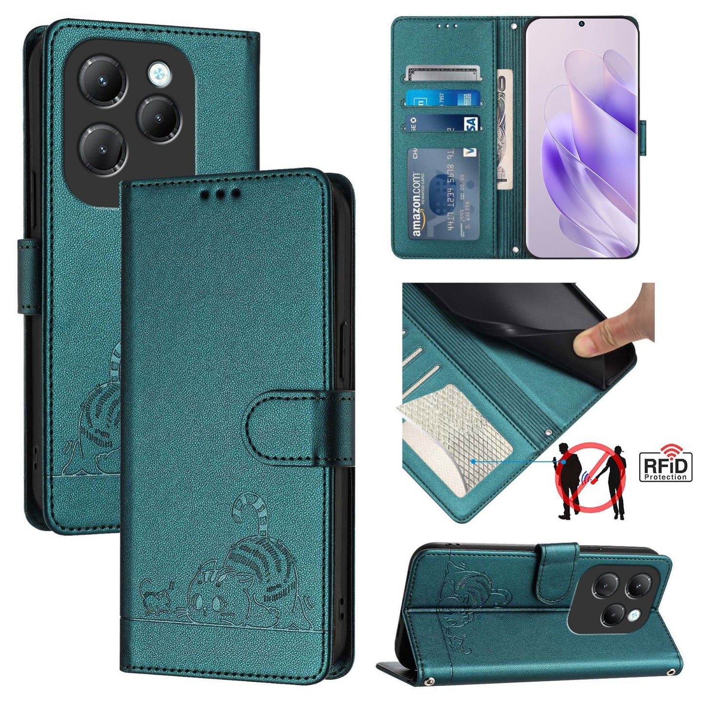 Infinix Hot 40 Cat and Rat Embossed Pattern, RFID Leather Phone Case with Lanyard, Kickstand, and Wallet Features