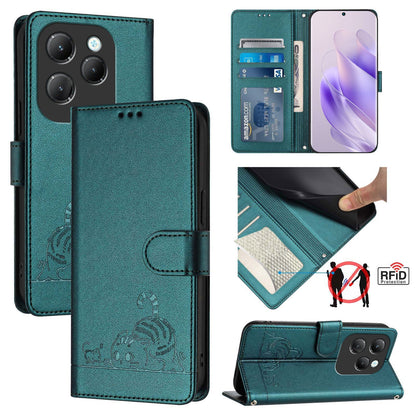 Infinix Hot 40 Pro Cat and Rat Embossed Pattern, RFID Leather Phone Case with Lanyard, Kickstand, and Wallet Features