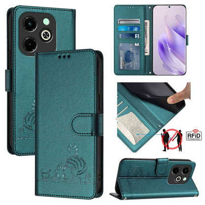 Infinix Hot 40I Cat and Rat Embossed Pattern, RFID Leather Phone Case with Lanyard, Kickstand, and Wallet Features