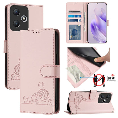 Infinix Hot 30 Play Cat and Rat Embossed Pattern, RFID Leather Phone Case with Lanyard, Kickstand, and Wallet Features