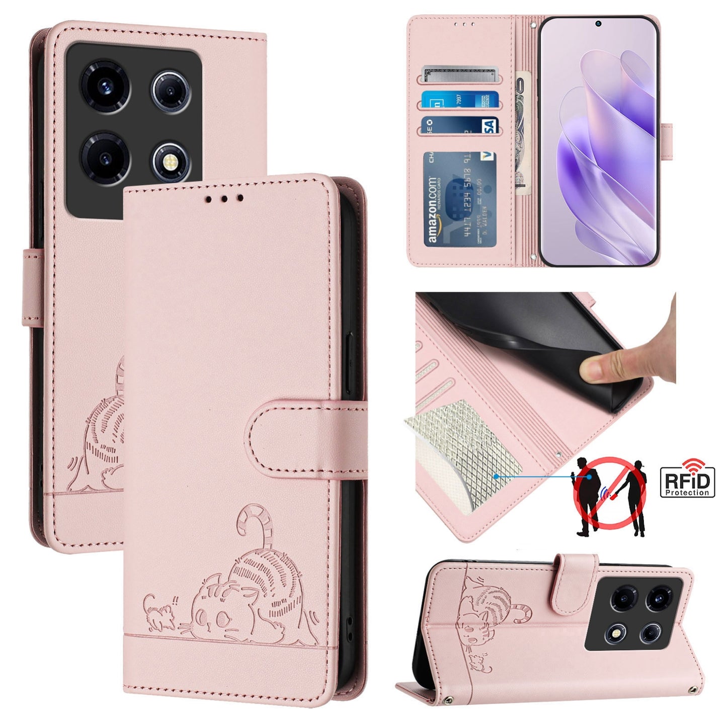 Infinix Note 30 VIP Cat and Rat Embossed Pattern, RFID Leather Phone Case with Lanyard, Kickstand, and Wallet Features