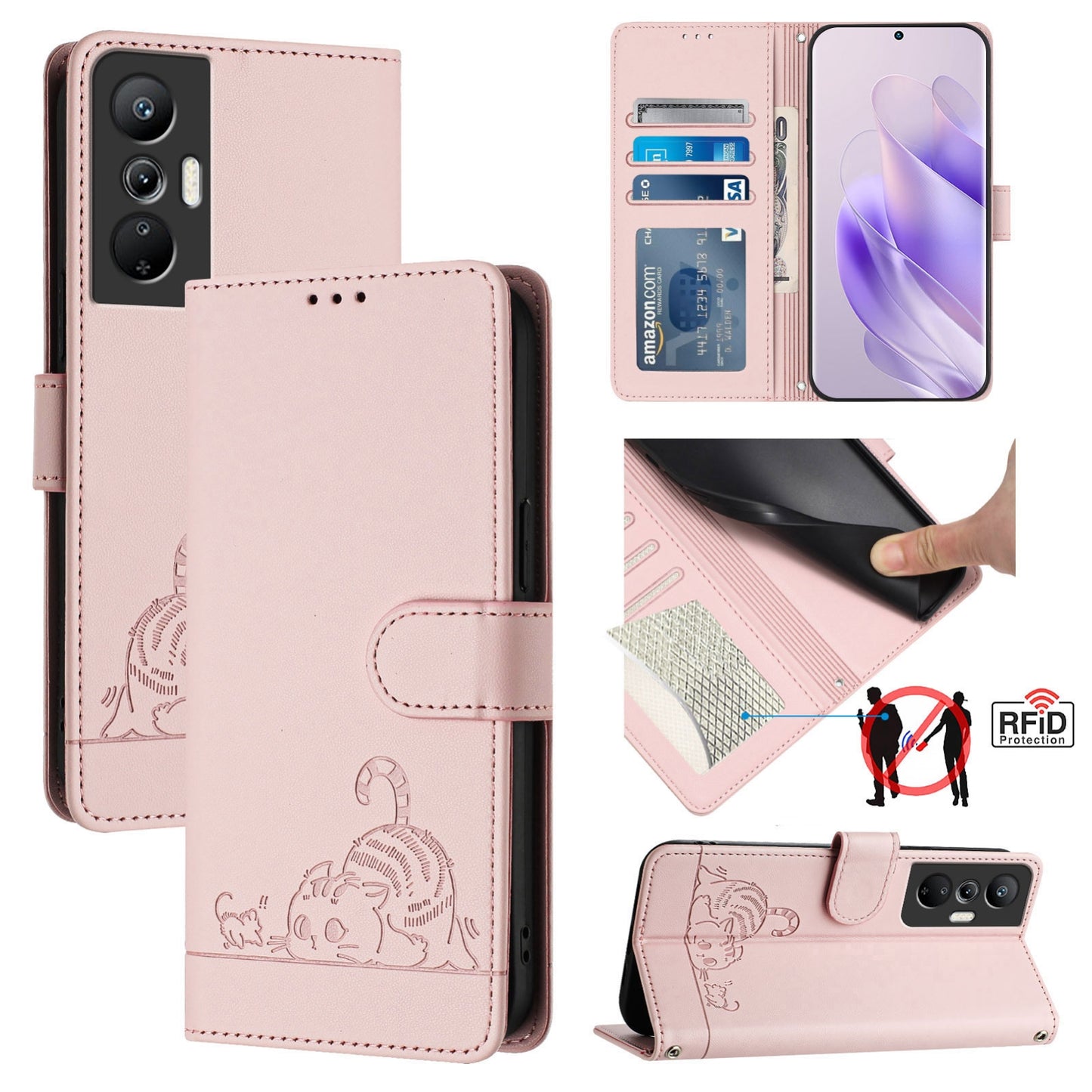 Infinix Hot 20 Pro Cat and Rat Embossed Pattern, RFID Leather Phone Case with Lanyard, Kickstand, and Wallet Features