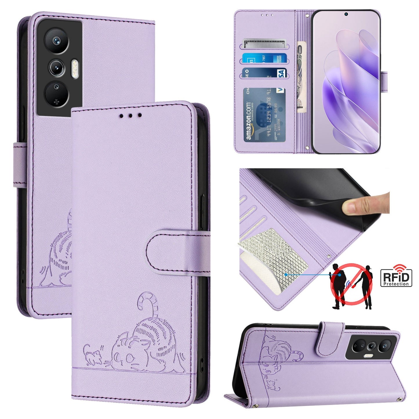 Infinix Hot 20 Pro Cat and Rat Embossed Pattern, RFID Leather Phone Case with Lanyard, Kickstand, and Wallet Features