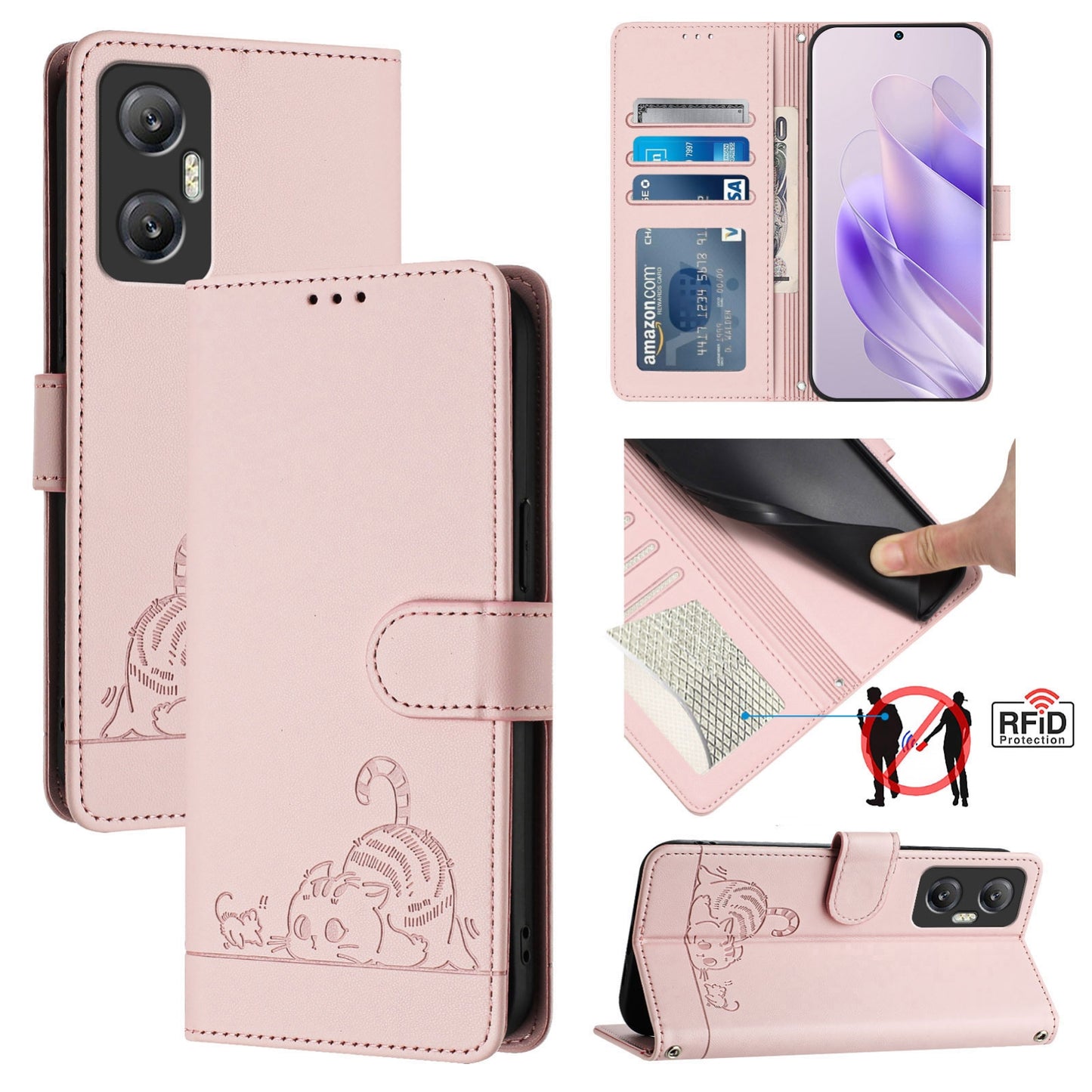 Infinix Hot 20 5G X666 X66B Cat and Rat Embossed Pattern, RFID Leather Phone Case with Lanyard, Kickstand, and Wallet Features