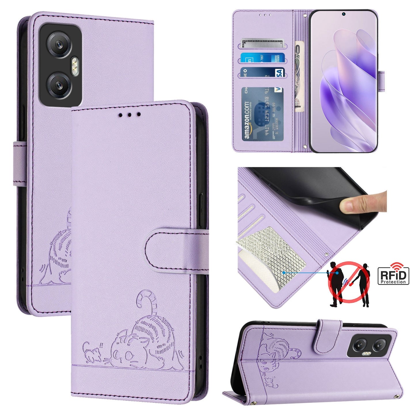 Infinix Hot 20 5G X666 X66B Cat and Rat Embossed Pattern, RFID Leather Phone Case with Lanyard, Kickstand, and Wallet Features