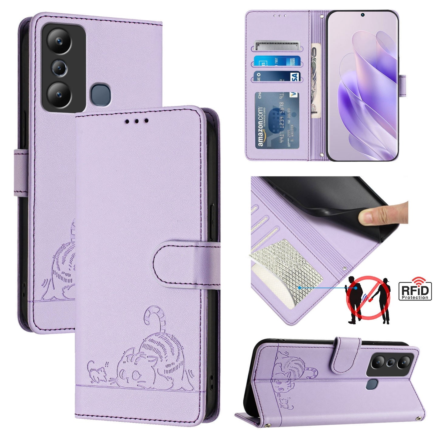 Infinix Hot 20I X665E Cat and Rat Embossed Pattern, RFID Leather Phone Case with Lanyard, Kickstand, and Wallet Features