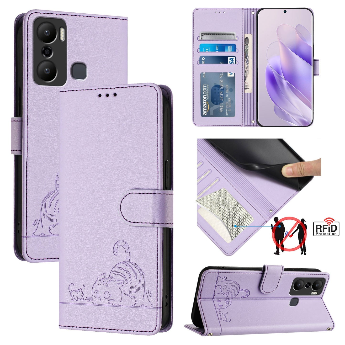 Infinix Hot 20 Play Cat and Rat Embossed Pattern, RFID Leather Phone Case with Lanyard, Kickstand, and Wallet Features