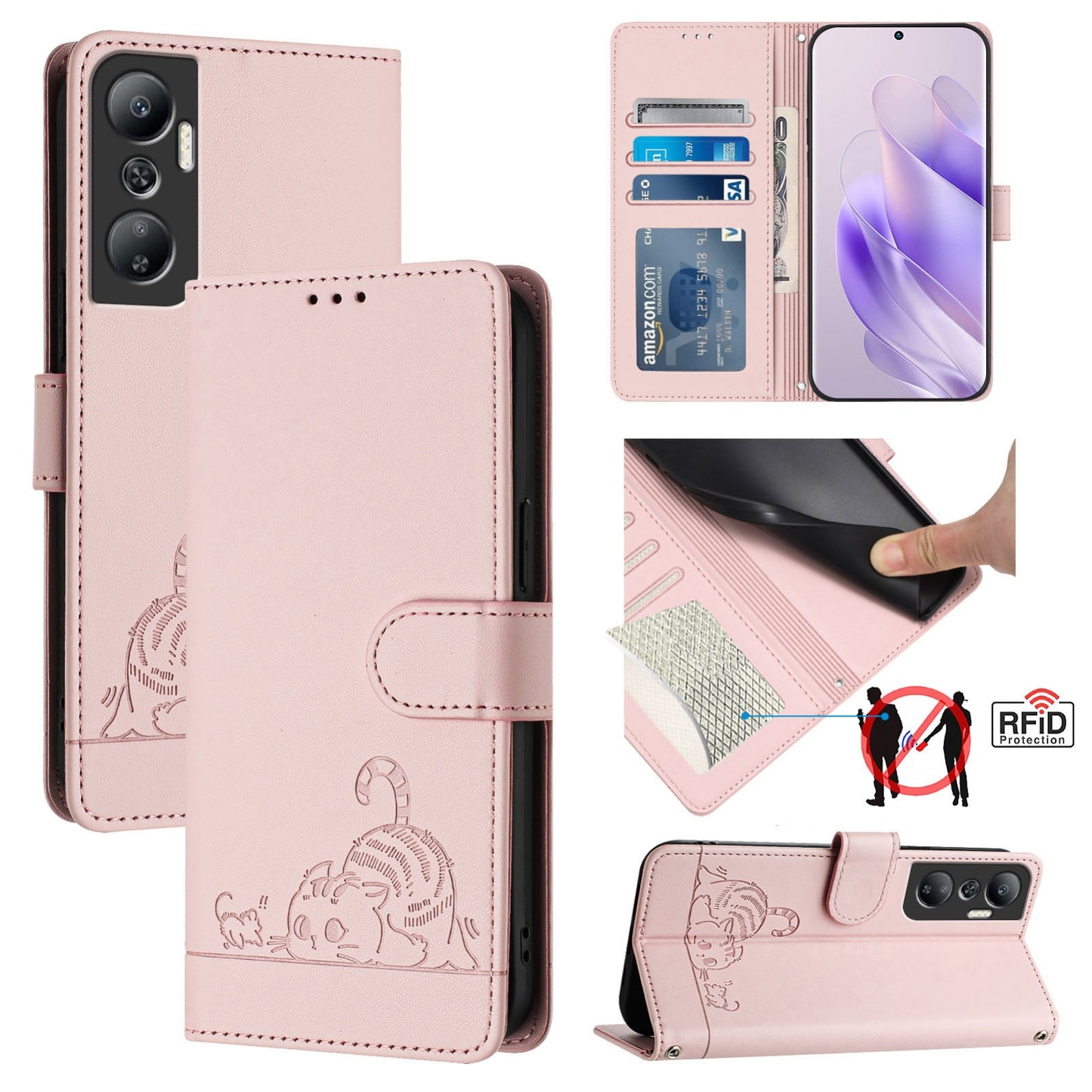 Infinix Hot 20 X6826 Cat and Rat Embossed Pattern, RFID Leather Phone Case with Lanyard, Kickstand, and Wallet Features