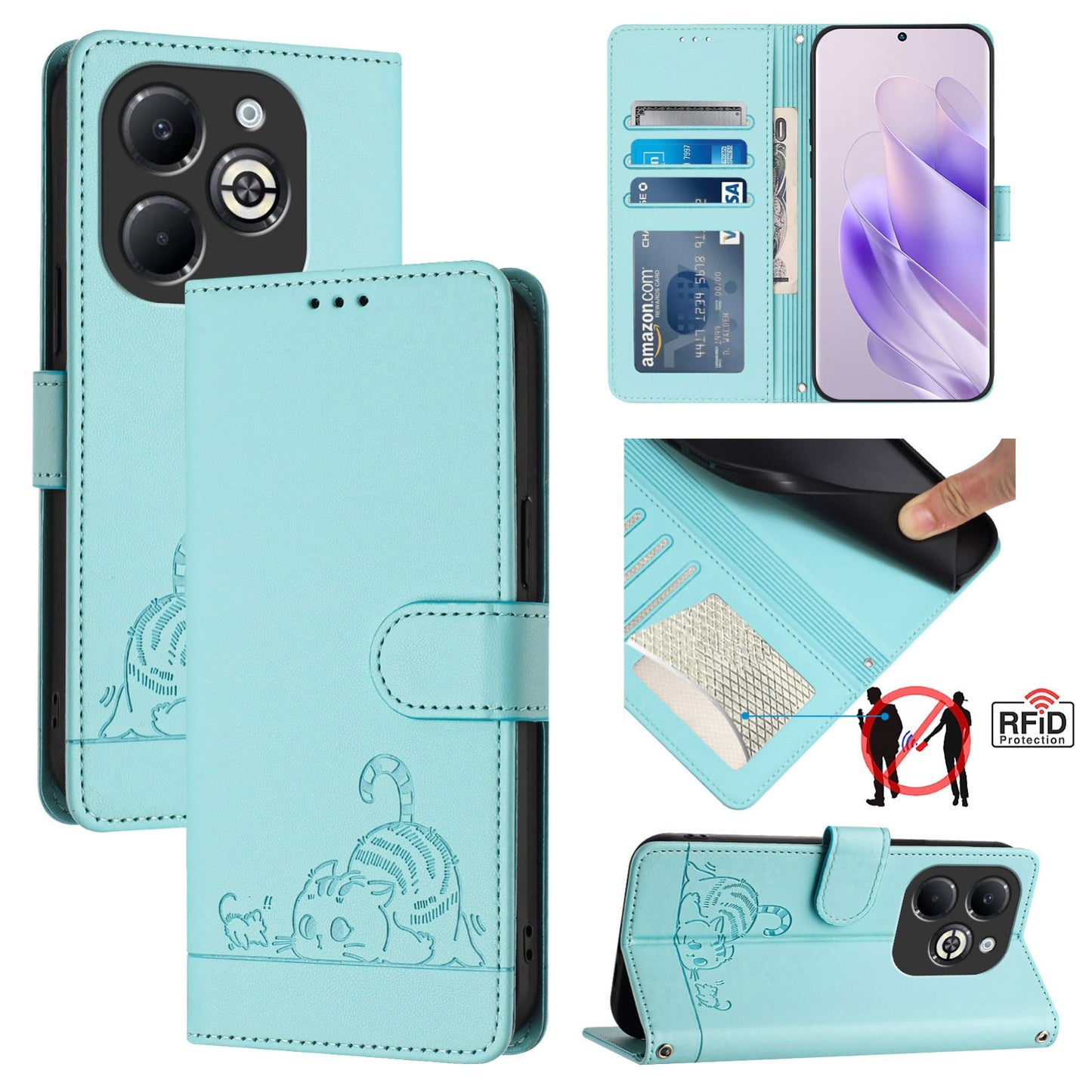 Infinix Smart 8 Plus Cat and Rat Embossed Pattern, RFID Leather Phone Case with Lanyard, Kickstand, and Wallet Features