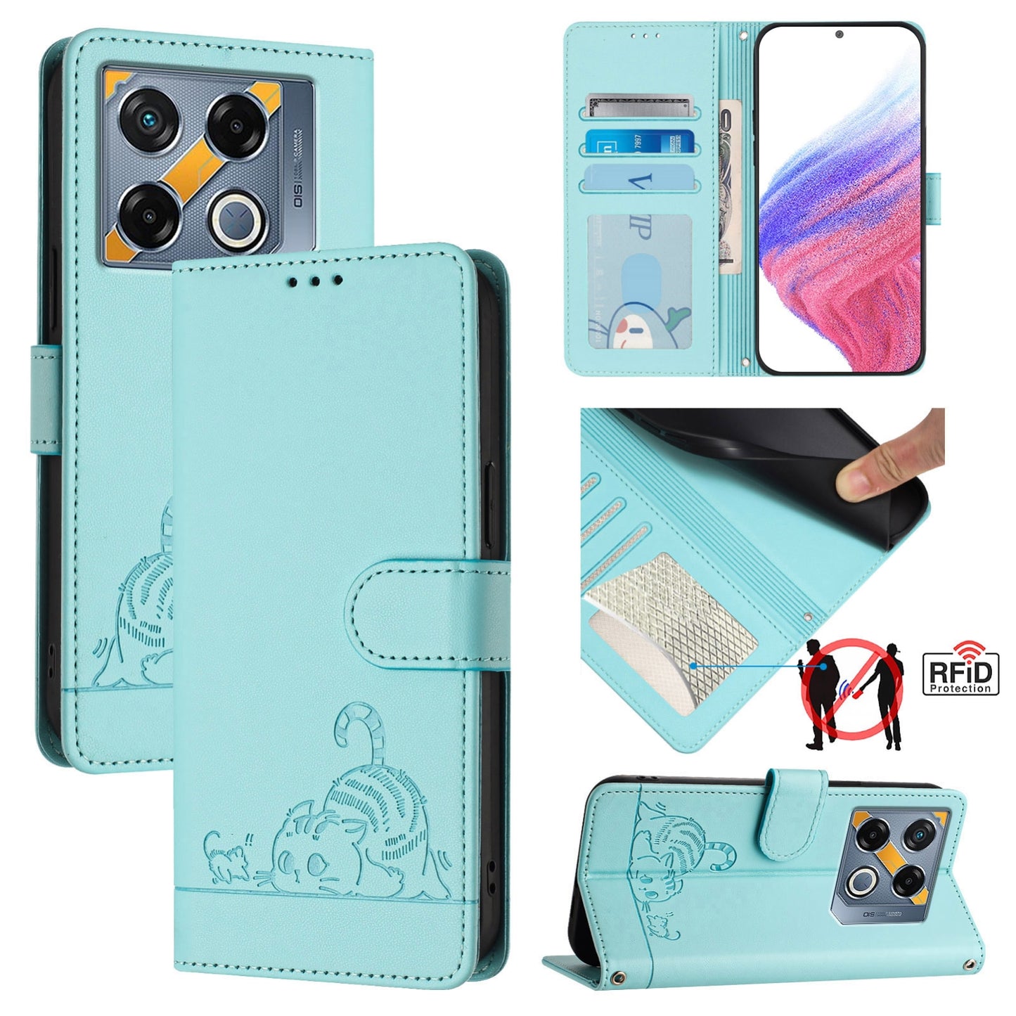 Infinix GT 20 Pro X6871 Cat and Rat Embossed Pattern, RFID Leather Phone Case with Lanyard, Kickstand, and Wallet Features