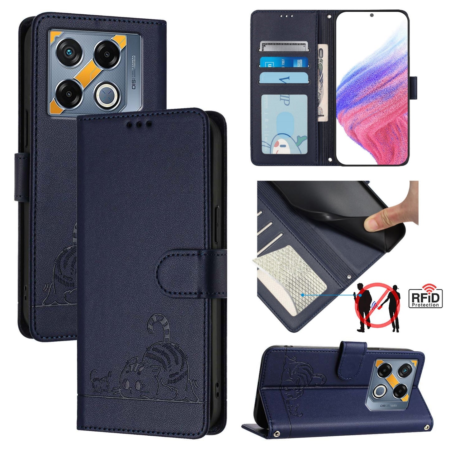 Infinix GT 20 Pro X6871 Cat and Rat Embossed Pattern, RFID Leather Phone Case with Lanyard, Kickstand, and Wallet Features