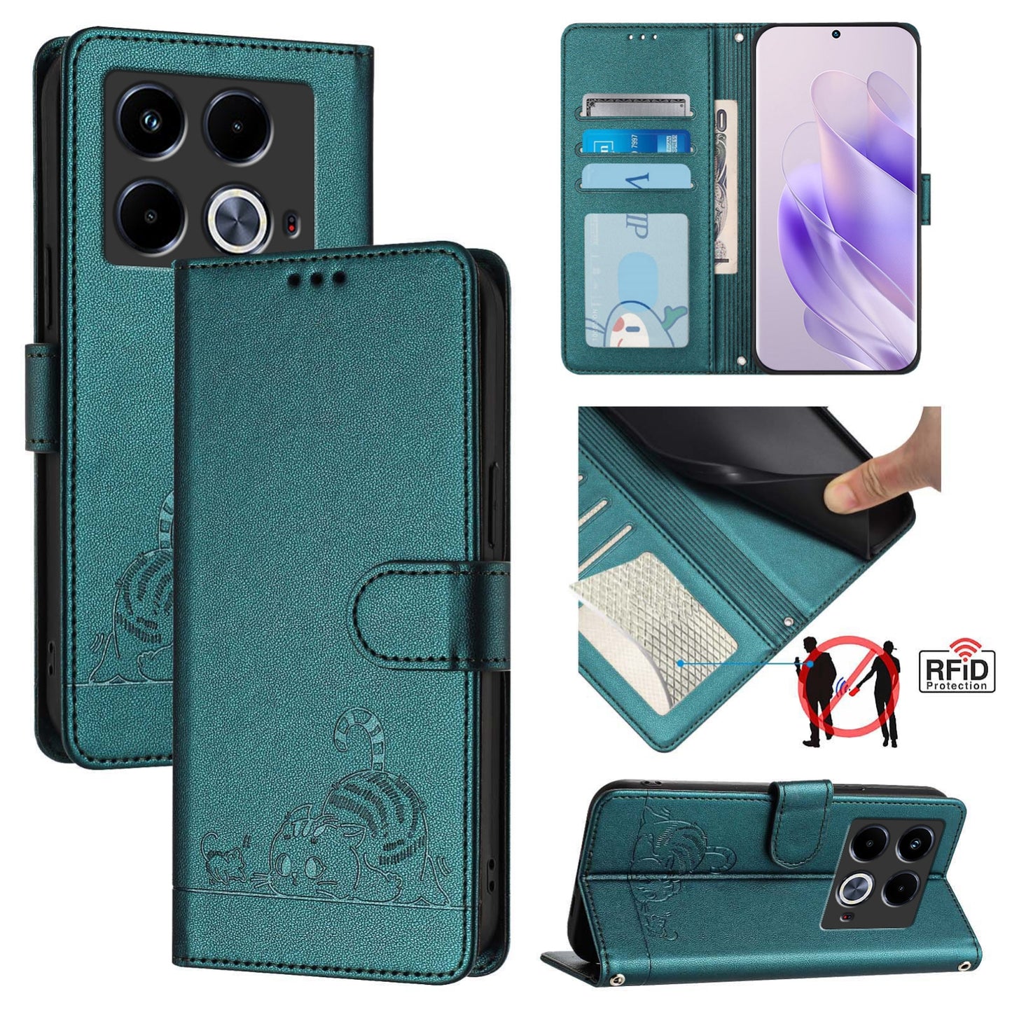 Infinix Note 40 5G Cat and Rat Embossed Pattern, RFID Leather Phone Case with Lanyard, Kickstand, and Wallet Features