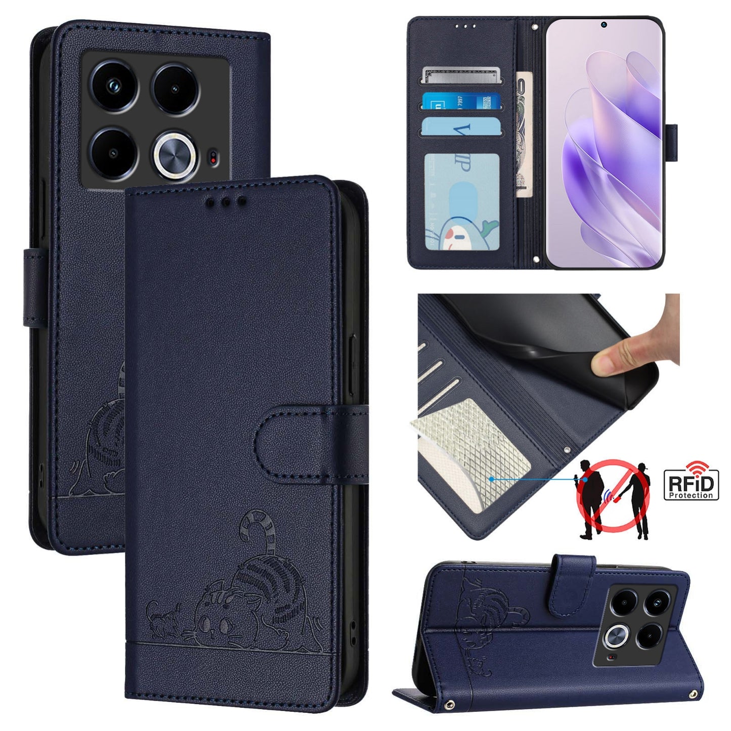 Infinix Note 40 5G Cat and Rat Embossed Pattern, RFID Leather Phone Case with Lanyard, Kickstand, and Wallet Features