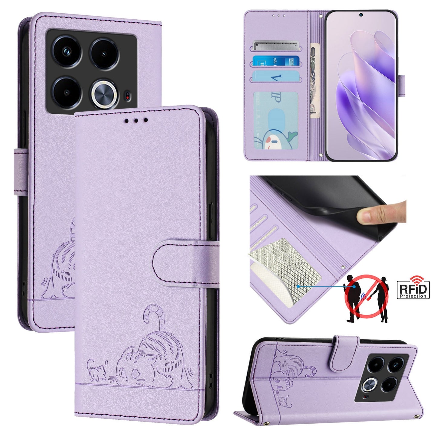 Infinix Note 40 5G Cat and Rat Embossed Pattern, RFID Leather Phone Case with Lanyard, Kickstand, and Wallet Features