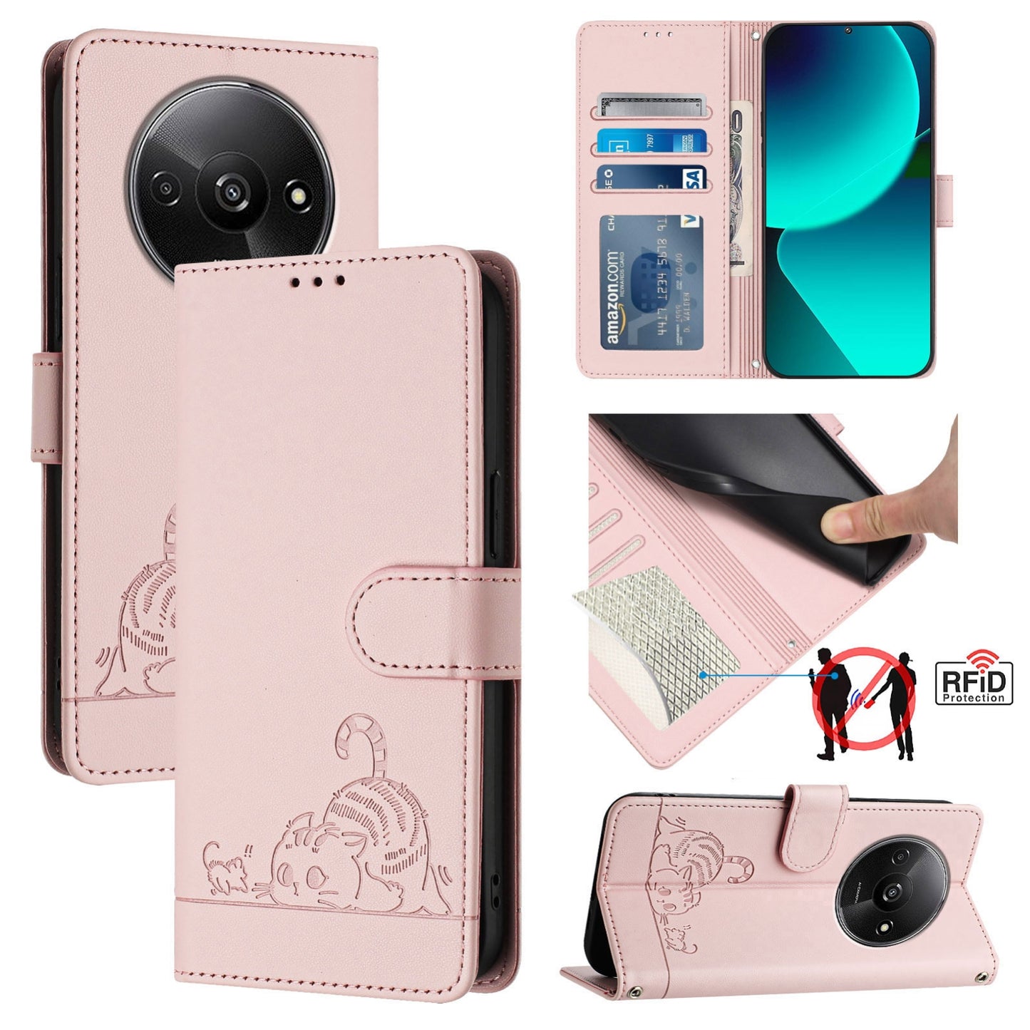 Xiaomi A3 4G Global Cat and Rat Embossed Pattern, RFID Leather Phone Case with Lanyard, Kickstand, and Wallet Features