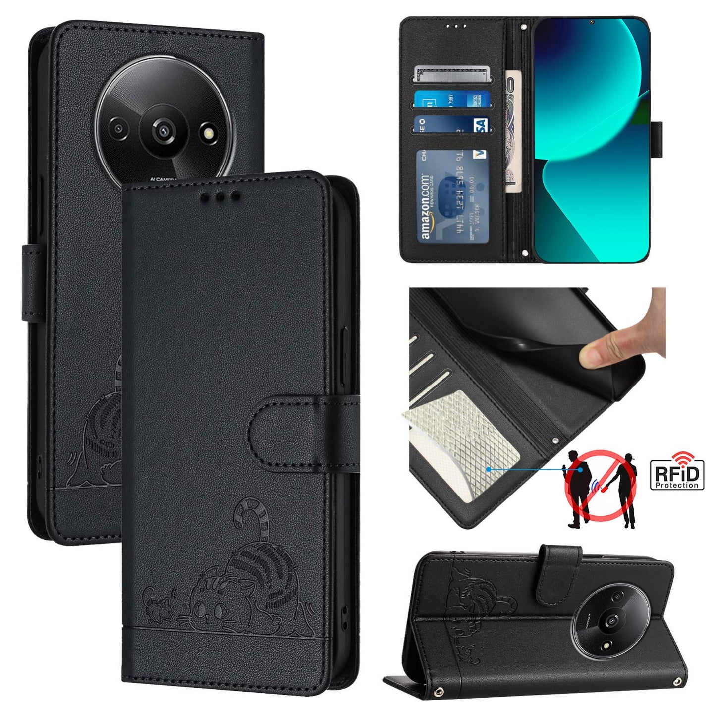 Xiaomi A3 4G Global Cat and Rat Embossed Pattern, RFID Leather Phone Case with Lanyard, Kickstand, and Wallet Features