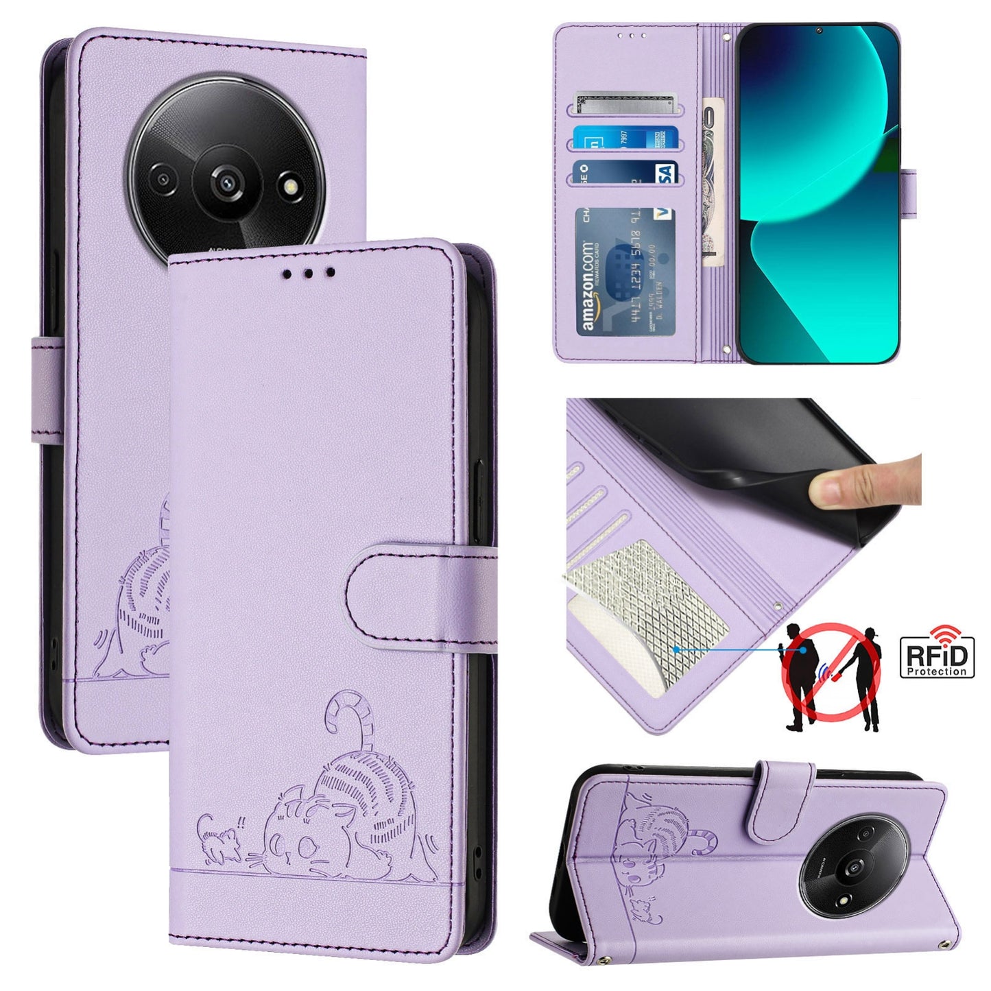 Xiaomi A3 4G Global Cat and Rat Embossed Pattern, RFID Leather Phone Case with Lanyard, Kickstand, and Wallet Features