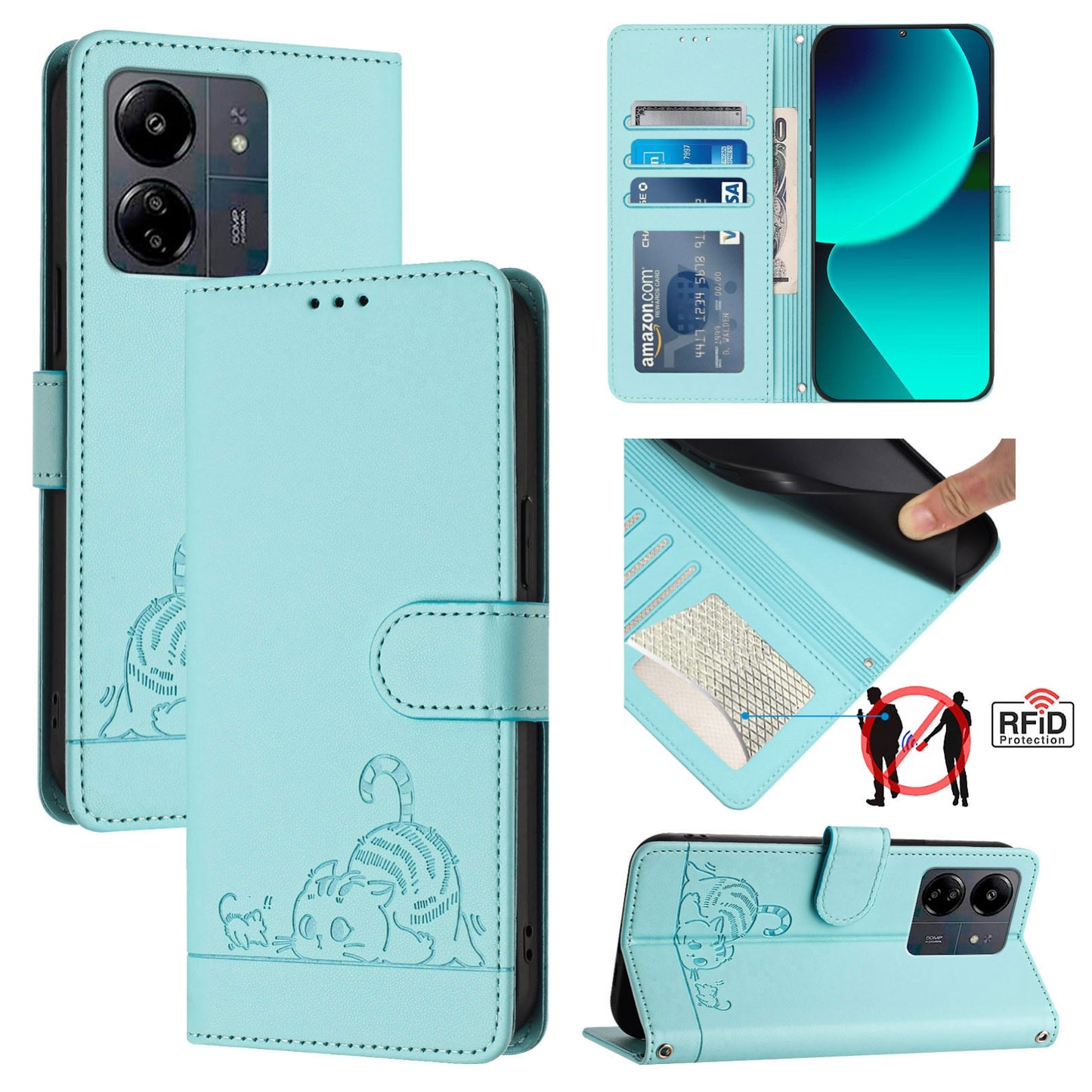 Xiaomi Redmi 13C 4G Global Cat and Rat Embossed Pattern, RFID Leather Phone Case with Lanyard, Kickstand, and Wallet Features