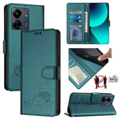 Xiaomi Redmi 13C 4G Global Cat and Rat Embossed Pattern, RFID Leather Phone Case with Lanyard, Kickstand, and Wallet Features