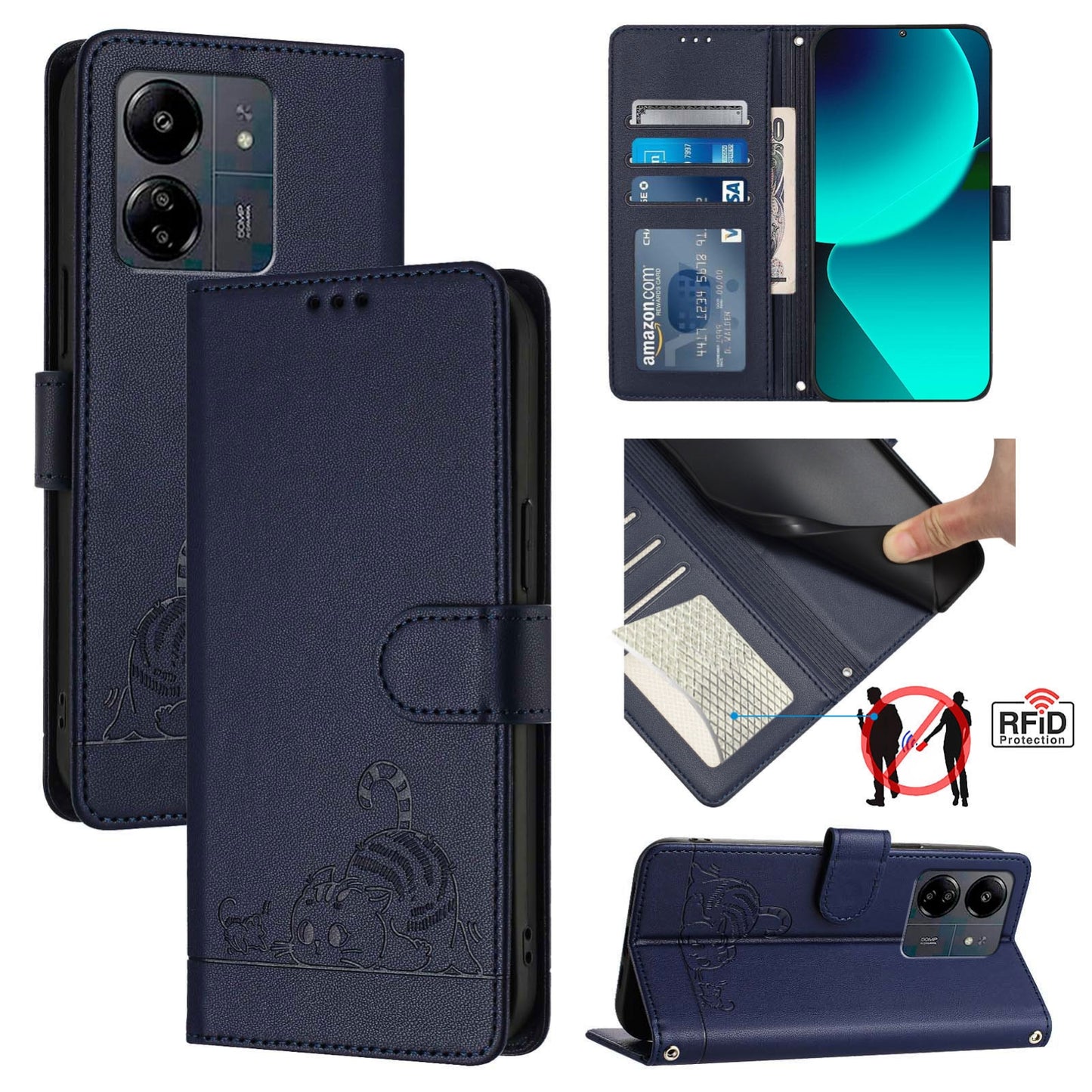 Xiaomi Redmi 13C 4G Global Cat and Rat Embossed Pattern, RFID Leather Phone Case with Lanyard, Kickstand, and Wallet Features