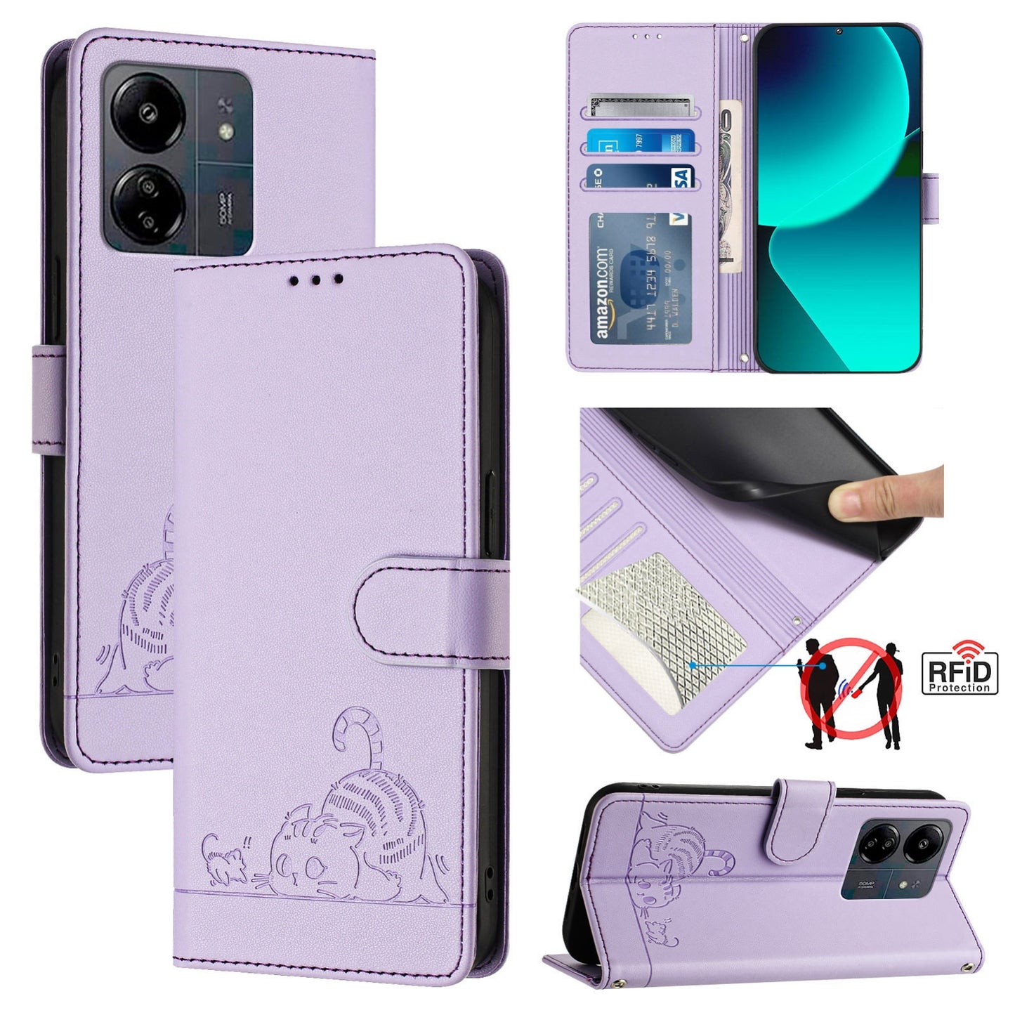 Xiaomi Redmi 13C 4G Global Cat and Rat Embossed Pattern, RFID Leather Phone Case with Lanyard, Kickstand, and Wallet Features